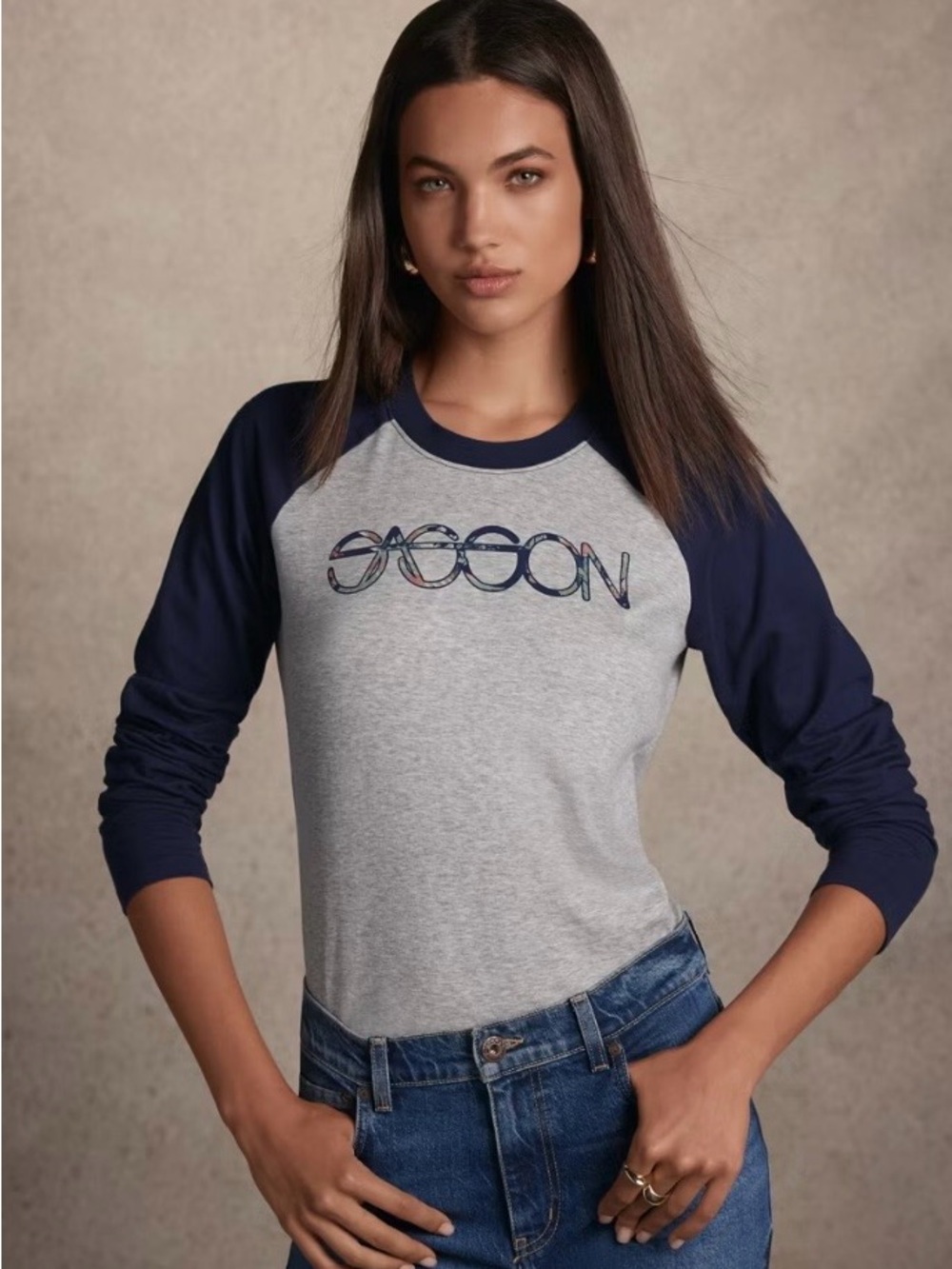 Johnny Was Gray & Navy Raglan Long Sleeve Tee with Sasson Chest Logo